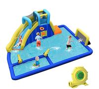 COSTWAY Castillo Hinchable Acuática, Castillo Inflable 6 en 1 con Rociador de Agua y Tobogán, Parque Acuático Inflable y Duradero para Uso Seco y Mojado, Bolsa de Rransporte (con Soplador)