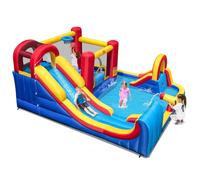 COSTWAY Castillo Hinchable Grande, Parque Acuático Infantil con Doble Tobogán, 2 Piscinas, Área de Salto y Aro de Baloncesto, 450 x 392 x 216 cm, para Jardín Patio, Multicolor (sin Soplador)