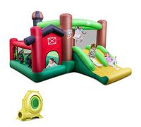 COSTWAY Castillo Hinchable para Niños con Soplador, Castillo Inflable Infantil con Dos Toboganes, Piscina de Bolas, Juego de Lanzamiento de Aros, Juego de Dianas y Canasta de Baloncesto, Tema Granjero