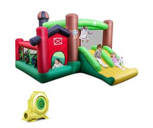 COSTWAY Castillo Hinchable para Niños con Soplador, Castillo Inflable Infantil con Dos Toboganes, Piscina de Bolas, Juego de Lanzamiento de Aros, Juego de Dianas y Canasta de Baloncesto, Tema Granjero