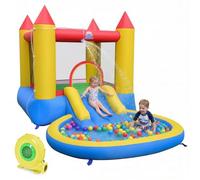 COSTWAY Castillo Hinchable para Niños, Parque Acuático Infantil con Zona de Saltos, Tobogán, Piscina de Chapoteo y Bolas, Casa de Juegos para 3-12 Años Jardín Patio (con soplador de 450W)