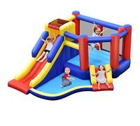 COSTWAY Castillo Inflable, Casa Inflable Gigante con Tobogán Largo, Piscina con Pelotas, Pared para Escalar, Aro de Baloncesto, Centro Actividad, Ideal para Patio y Fiestas