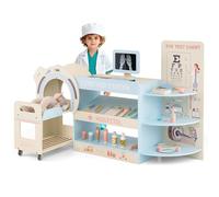 COSTWAY Centro Médico de Juguete, Juguete Médico Infantil de Madera con Culista, Láminas Intercambiables, Carrito y Accesorios, Juego de Doctor Montessori con Almacenamiento para Niños (Azul)