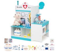 COSTWAY Centro Médico Juguete, Juego de Doctor de Madera para Niños con Grifo, Monitor ECG, Diagrama de Partes del Cuerpo, Reloj, Barra de Altura Ajustable y 27 Accesorios, para Niños de 3-6 Años