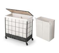 COSTWAY Cesto Ropa Sucia con Tapa de Madera, 130 L Cesta Ratán para Colada con Bolsa Extraíble Dividida, Ruedas y Traba, Clasificador de Ropa de Metal con Asa para Lavandería, 68 x 34 x 67 cm