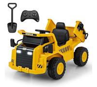 COSTWAY Coche Eléctrico para Niños 12V, Camión de Caterpillar con Plataforma Inclinable y Megáfono, Control Remoto y Pala de Arena, Luces LED y Música, USB y MP3, Vehículo Batería Amarillo