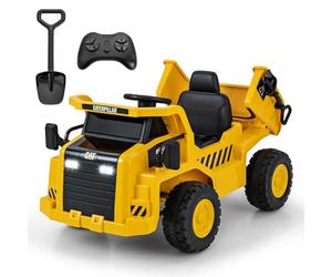 COSTWAY Coche Eléctrico para Niños 12V, Camión de Caterpillar con Plataforma Inclinable y Megáfono, Control Remoto y Pala de Arena, Luces LED y Música, USB y MP3, Vehículo Batería Amarillo