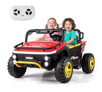 COSTWAY Coche Eléctrico para Niños 24V con 2 Plazas, UTV Eléctrico Infantil con Bocina, Música, Cuentos, Conexión Inalámbrica, Luces, Cambio de Marchas, Control Remoto, Asa para Transportar (Rojo)