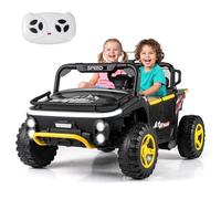 COSTWAY Coche Eléctrico para Niños 24V con 2 Plazas, UTV Eléctrico Infantil con Bocina, Música, Cuentos, Conexión Inalámbrica, Luces, Cambio de Marchas, Control Remoto, Asa para Transportar (Negro)