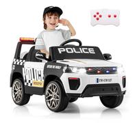 COSTWAY Coche Eléctrico para Niños Policía, Coche Batería Infantil 12V, Control Remoto, Conexión Inalámbrica, Música, Sirena y Luz LED, Auto Eléctrico con Suspensión de Resorte para Niños (Blanco)
