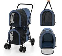 COSTWAY Cochecito 4 en 1 de Doble Nivel para Perros y Gatos, Carrito Plegable Desmontable con 4 Ruedas (Azul)