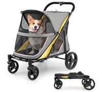 COSTWAY Cochecito Plegable de Acero de Alto Carbono para Mascotas | Carro Perro con Freno Trasero, Puertas con Cremallera, 3 Ventanas, Cojín Extraíble, Bolsillo y Portavasos, 105 x 68 x 72 cm