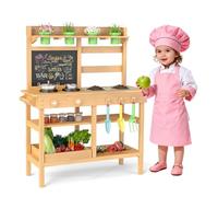 COSTWAY Cocina de Barro para Niños, Cocina de Juguete de Madera para Exterior con Grifo, Fregaderos Desmontables, Pizarra, Placas de Cocción, Mandos Giratorios, Macetas, Cocinita Infantil de Barro