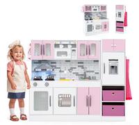 COSTWAY Cocina de Juguete Grande con Luces y Sonidos, Cocinita Infantil de Madera con Refrigerador y Microondas, Almacenamiento y Accesorios, Cocina de Juguete con Circulación de Agua (Rosa)