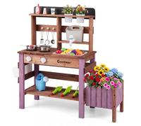 COSTWAY Cocina de Juguete para Niños, Juego de Cocina de Barro de Madera con Jardinera, Fogones, Fregadero Extraíble, Grifo, Depósito de Agua y Estantes, Cocinita Infantil de Exterior para 3+ Años