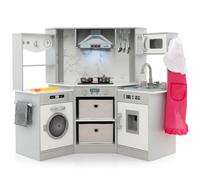 COSTWAY Cocina de Madera para Niños, Cocinita Infantil con Luces y Sonidos Realistas, Campana Extractora Iluminada, Sistema de Circulación de Agua, Dispensador de Agua y Lavadora