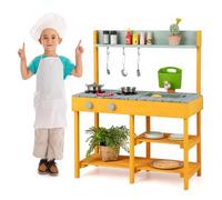 COSTWAY Cocina Infantil de Madera, Juego de Cocina de Exterior con Caja de Agua Desmontable, Grifo Realista y Fregadero Desmontable, Divertida Cocina de Juguete de Patio para Niños y Niñas (Naranja)