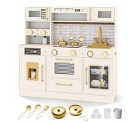 COSTWAY Cocina Infantil Madera con luz y Sonido, Cocina de Juguete para Pretender con Hornillas, Grifo, Fregadero, Máquina de Hielo, Microondas y Accesorios, Juego simbólico para Niños de 3+ Años