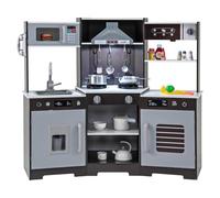 COSTWAY Cocina Juguete, Cocinita de Madera Infantil, Cocinita Infantil con Luz y Sonido con Campana Extractora, Dispensador de Hielo, Fregadero, Grifo, Microondas, Horno, Utensilios (Marrón)