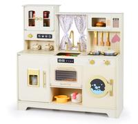 COSTWAY Cocina Juguete, Cocinita Infantil Madera con Estufas, Grifo, Cafetera, Dispensador de Hielo, Horno, Microondas, Lavavajillas, Armario y 14 Accesorios, Cocina Madera para Niños de 3+ Años