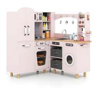 COSTWAY Cocina Juguete con Luz y Sonido, Cocina Infantil con Refrigerador, Cafetera, Lavadora, Horno, Cajas de Almcenamiento y 12 Accesorios, Cocinita de Madera Infantil para Niños de 3+ Años (Rosa)