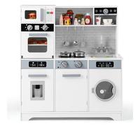 COSTWAY Cocina Madera Infantil, Cocinita Infantil con Luz y Sonido, Fregadero, Grifo, Dispensador de Agua, Microondas, Horno, Utensilios, Lavadora, Cocina Juguete para Niños de 3+Años