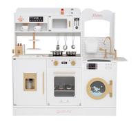 COSTWAY Cocinita Infantil, Cocina Juguete Madera con Fogones, Luz, Sonido, Grifo, Horno Microondas, Cafetera, Tostadora y Dispensador de Hielo, Cocina Infantil de Madera para Niños de 3+ Años (Blanco)