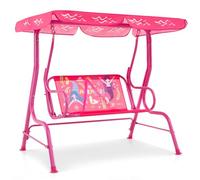 COSTWAY Columpio de Jardín Exterior para Niños de +3 Años, Balancín de 2 Plazas, Estructura Metálica, Dosel Ajustable y Cinturones de Seguridad, 112 x 76,5 x 111 cm, Carga 80kg (Rosa)