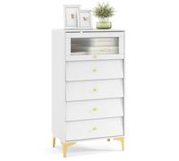 COSTWAY Comoda con 3/4 Cajones, Cajonera Moderno de Dormitorio con Puerta de Cristal Acanalado y Cajones Extraíbles, Patas Metálicas Doradas y Diseño Antivuelco, Cajonera para Entrada (con 4 cajones)