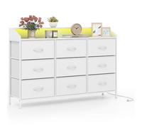 COSTWAY Cómoda para Dormitorio, Cajonera con 9 Cajones de Tela, Luces LED, Estación de Carga y Estructura Metálica, Mueble para Tocador, TV de hasta 58", 126 x 29 x 84 cm, para Salón, Pasillo, Blanco