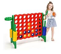 COSTWAY Conecta 4 Gigante, Mega 4 para Niños y Adultos, Juego de Exterior 74 cm con Canasta y Juego de Lanzamiento de Anillos, 42 Piezas Gigantes, Guida de Soltar Fácil (Verde)