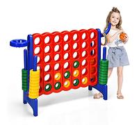 COSTWAY Conecta 4 Gigante, Mega 4 para Niños y Adultos, Juego de Exterior 74 cm con Canasta y Juego de Lanzamiento de Anillos, 42 Piezas Gigantes, Guida de Soltar Fácil (Azul)