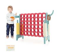 COSTWAY Conecta 4 Gigante, Mega 4 para Niños y Adultos, Juego de Exterior 74 cm con Canasta y Juego de Lanzamiento de Anillos, 42 Piezas Gigantes con Pegitinas y Boloncesto (Rojo y Azul)