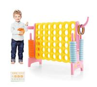 COSTWAY Conecta 4 Gigante, Mega 4 para Niños y Adultos, Juego de Exterior 74 cm con Canasta y Juego de Lanzamiento de Anillos, 42 Piezas Gigantes con Pegitinas y Boloncesto (Rosa y Amarillo)