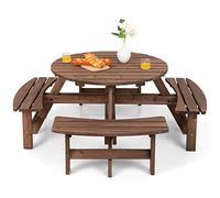 COSTWAY Conjunto de Mesa de Picnic de Madera para Exteriores para 8 Personas con Orificio para Sombrilla, Mesa de Picnic de Madera Maciza y 4 Bancos, Conjunto de Comedor para Jardín, Patio