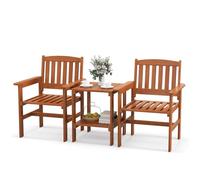 COSTWAY Conjunto Jardin Exterior de 3 Piezas, 2 Sillas y Mesa Auxiliar de 2 Niveles con Orificio para sombrilla de 4cm, Juegos de Conversación con Construcción de Madera Sólida para Exteriores