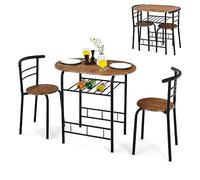 COSTWAY Conjunto Mesa y 2 Sillas Cocina con Vino Estante, Juego Mesa y 2 Sillas de Comedor de Madera y Metal, con Respaldos Curvo y Estante Abierto de Almacenamiento para Cocina, Industrial