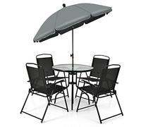 COSTWAY Conjunto Mesa y Sillas Jardin, 1 Mesa on Tapa de Cristal Templado, 4 Sillas Plegables y 1 Sombrilla, Juego de Comedor 6 Piezas Jardin Patio Terraza Piscina