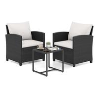 COSTWAY Conjunto Mesa y Sillas Jardin de 3 Piezas, Conjunto de Conversación de Ratán PE con 2 Sillas,Mesa Auxiliar de Vidrio Templado y Cojines con Funda Desmontable para Terraza Patio (Negro+Beige)