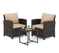 COSTWAY Conjunto Mesa y Sillas Jardin de 3 Piezas, Conjunto de Conversación de Ratán PE con 2 Sillas,Mesa Auxiliar de Vidrio Templado y Cojines con Funda Desmontable para Terraza Patio (Marrón+Marrón)