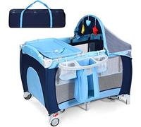 COSTWAY Cuna 4 en 1 para Niños, Moisés Plegable para Niños, Ruedas, Bolsillos, Puerta Lateral con Cremallera, Juguetes Colgando y Carillón, Centro Actividad Portátil para Niños con Bolsa (Azul)