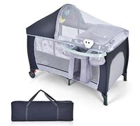 COSTWAY Cuna 4 en 1 para Niños, Moisés Plegable, Ruedas, Bolsillos, Puerta Lateral con Cremallera, Juguetes y Carillón, Centro Actividad Portátil con Bolsa (Gris)