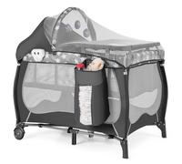 COSTWAY Cuna Bebe 4 en 1, Parque Infantil con Cuna Desmontable, Cambiador, Dosel con Red y Caja Musical para Niños, Ruedas y Bolsa de Transporte (Gris)