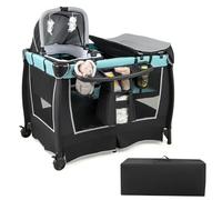 COSTWAY Cuna bebe 6 en 1, Centro de Cuidado para Bebés, Parque de Juegos Portátil para Bebés con Moisés Cambiador, Dosel Ajustable, Barra de Juguetes Caja de Música, Bolsa de Transporte (Azul)