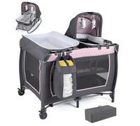 COSTWAY Cuna de Viaje Bebe con Colchón, 5 en 1 Centro de Actividades para Bebés con Cambiador, Cuna para Bebé, 2 Juguetes Colgantes y Caja de Música, Ruedas Móviles y Cesta de Almacenamiento (Rosa)