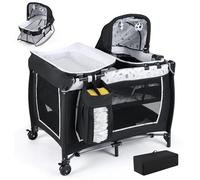 COSTWAY Cuna de Viaje Bebe con Colchón, 5 en 1 Centro de Actividades para Bebés con Cambiador, Cuna para Bebé, 2 Juguetes Colgantes y Caja de Música, Ruedas Móviles y Cesta de Almacenamiento (Blanco)