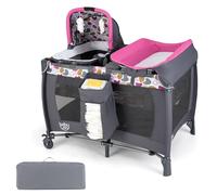 COSTWAY Cuna de Viaje Bebe con Colchón, 5 en 1 Centro de Actividades para Bebés con Cuna Mecedora y Cambiador, Barra de Juguetes, Caja de Música y Bolsa de Transporte, Ruedas Móviles (Rosa)