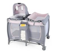 COSTWAY Cuna de Viaje Bebe con Colchón, 5 en 1 Centro de Actividades para Bebés con Cuna Mecedora y Cambiador, Barra de Juguetes, Caja de Música y Bolsa de Transporte, Ruedas Móviles (Rosado)