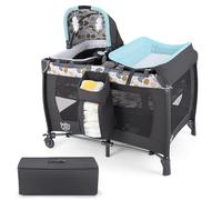 COSTWAY Cuna de Viaje Bebe con Colchón, 5 en 1 Centro de Actividades para Bebés con Cuna Mecedora y Cambiador, Barra de Juguetes, Caja de Música y Bolsa de Transporte, Ruedas Móviles (Azul)