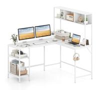 COSTWAY Escritorio Esquinero 150 x 120cm, Escritorio en L con Estanteria, Gancho para Auriculares, Mesa Gaming en L, Oficina Dormitorio (Blanco)